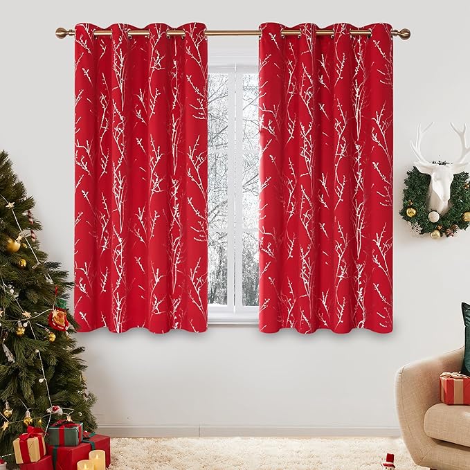 Deconovo Christmas Red Curtains, Blackout Drapes, Soundproof Curtain, Silver Print, 52 x 63 Inch Long, 2 Panels, Machine Washable Window Panel for Living Room Bedroom Festival Party Decoration Kitchen