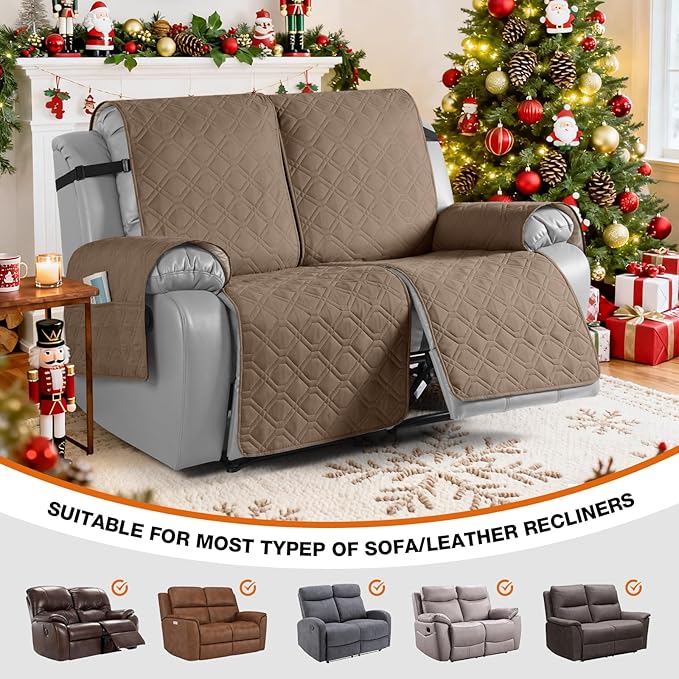 VANSOFY Waterproof Recliner Couch Covers, Sofa Covers 1-Piece Washable Reclining Sofa Cover Non-Slip Furniture Protector with Elastic Straps Pocket for Dogs, Pets(Light Brown,2 Seater)