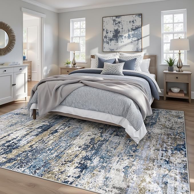 Area Rugs 6x9 for Living Room: Washable Rug Modern Abstract Neutral Soft Non-Slip Low-Pile Indoor Carpet for Bedroom Dining Room Playroom Home Office (Blue Grey Brown, 6'x9')