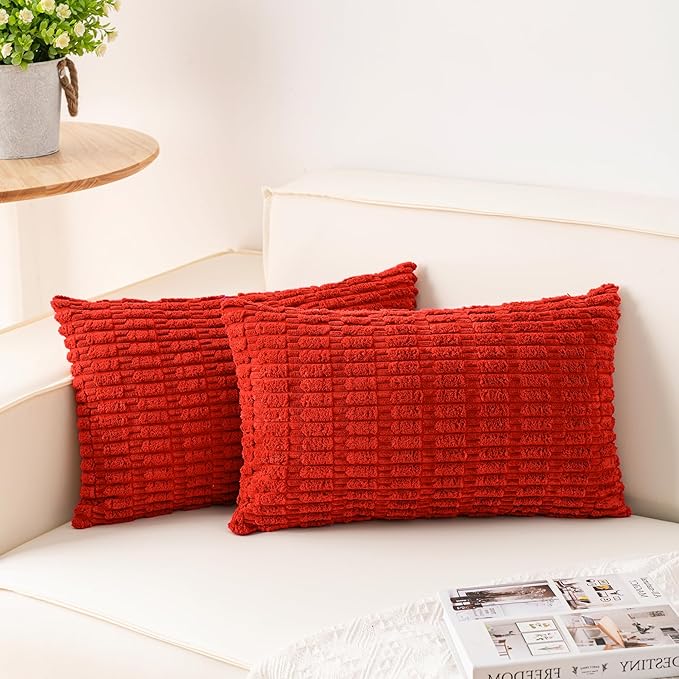 Pack of 2 Christmas Red Corduroy Decorative Throw Pillow Covers 12x24 Inch Soft Striped Pillow Covers Modern Farmhouse Home Decor for Sofa Living Room Couch Bed（Red）