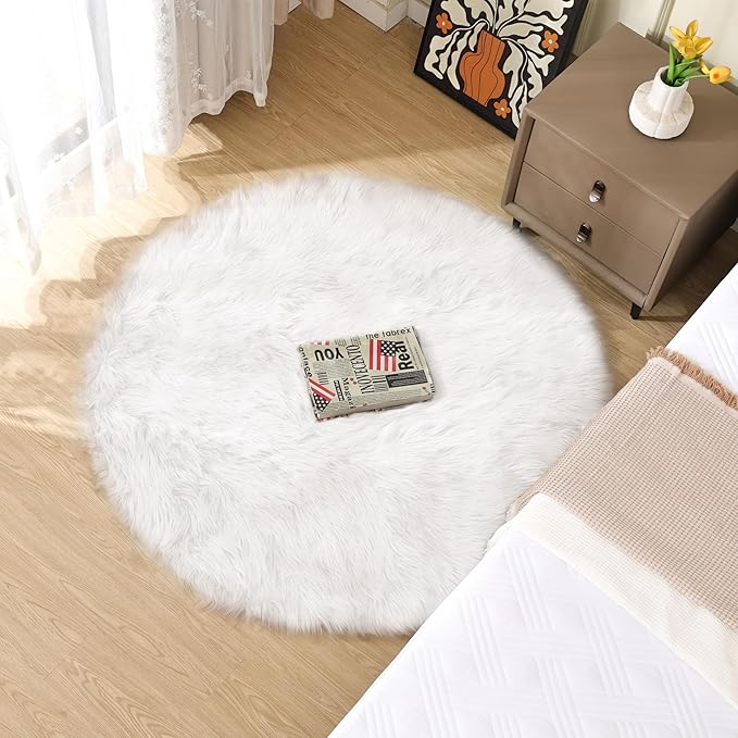 ORINOVA White Fluffy Faux Fur Rugs for Bedroom Sheepskin Machine Washable Shag Area Rugs for Living Room Small Circle Boho Round Rug 3ft