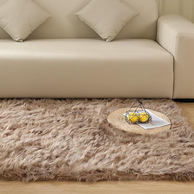Goolela Fluffy Faux Fur Rug for Bedroom 4x6 Light Brown Beige Sheepskin Fuzzy Furry Soft Rug for Living Room Bedside Dorm Plush Shaggy Washable Rectangle