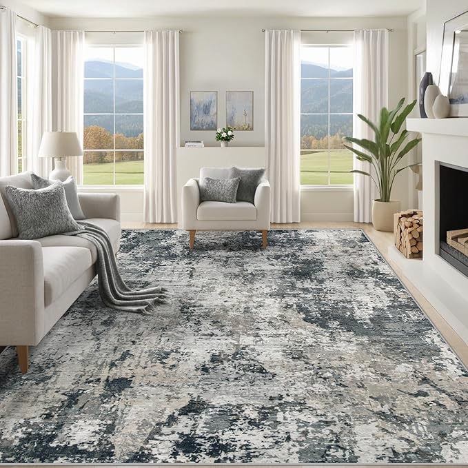 XLUEZ 8x10 Area Rugs for Living Room, Washable Modern Abstract Large Area Rug Neutral Soft Non Slip Kids Rug Stain Resistant Indoor Carpet for Bedroom Nursery Dining Room Playroom(GreyWhite, 8'x10')