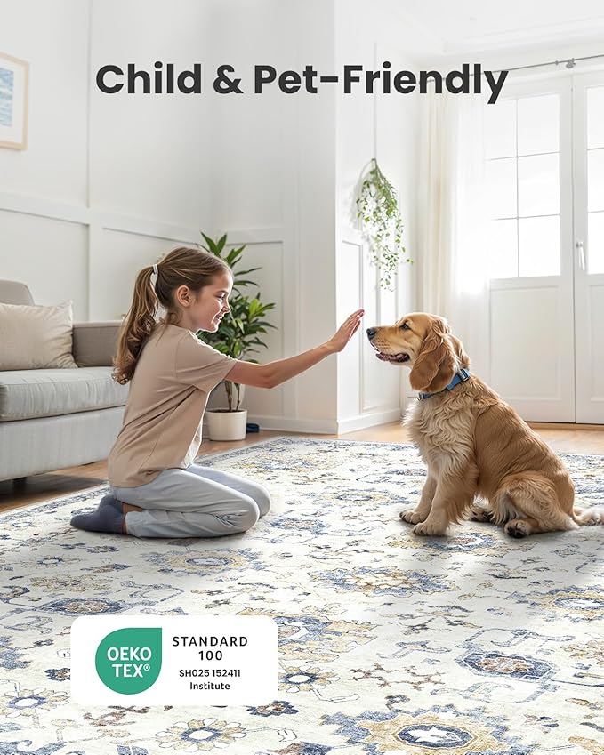 AMADA HOMEFURNISHING 9x12 Washable Area Rug, Low-Profile Large Area Rug with Non-Slip Backing & Durable Edge Binding, Vintage Large Rugs for Living Room, Bedroom & Dining Room