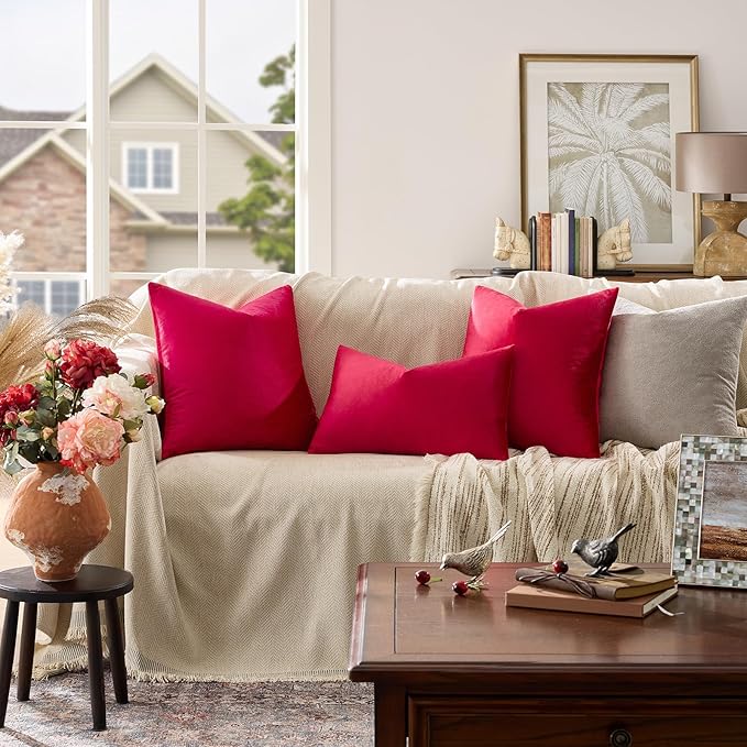 GIGIZAZA Red Velvet Decorative Throw Pillow Covers 18x18 for Sofa Bed 2 Pack Soft Cushion Covers