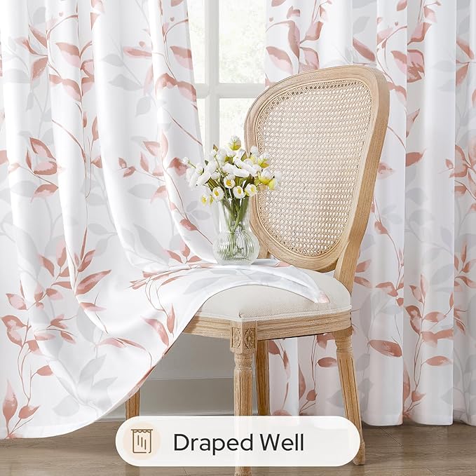 HOMEIDEAS Non-See-Through Pink and White Privacy Sheer Curtains 52 X 96 Inches Long 2 Panels, Leaf Floral Printed Light Filtering Semi Sheer Window Curtains Drapes for Bedroom Living Room