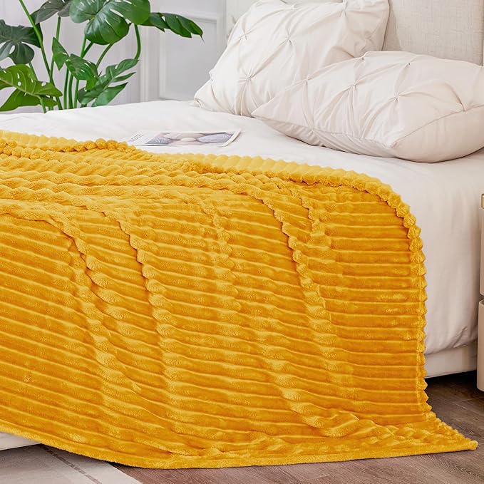 BEDELITE Fleece Blanket King Size – 3D Ribbed Jacquard Soft and Warm Decorative Fuzzy Blankets – Cozy, Fluffy, Plush Lightweight Throw Blankets for Couch, Bed, Sofa(Mustard Yellow, 108x90 inches)