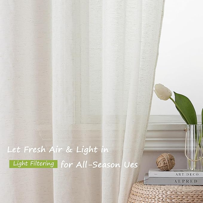 Simplebrand Natural Linen Textured Sheer Curtains 96 inches Long 2 Panels, Rod Pocket Solid Color Window Sheer Curtain Panels, Elegant Curtains & Drapes for Living Room, Bedroom (40" W x 96" L)