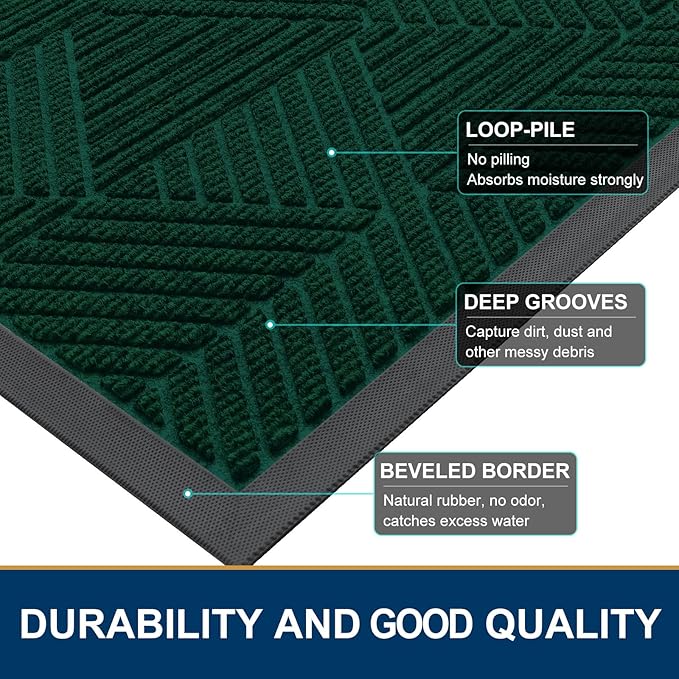 Smiry Front Door Mat Outside Entrance, Heavy Duty Sturdy Natural Rubber Doormat, Trap Dirt and Moisture, Easy Clean Low Profile Mats for Indoor Outdoor Entry, Irregular Triangle (29.5x17, Deep Green)