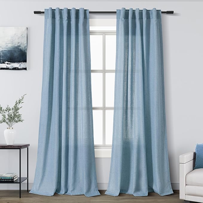 Blue Linen Curtains 102 Inches Long for Living Room 2 Panel Set Back Tab Rod Pocket Dusty Blue Semi Sheer Curtains Light Filtering Burlap Extra Long Drapes Farmhouse Decor for High Window 40x102