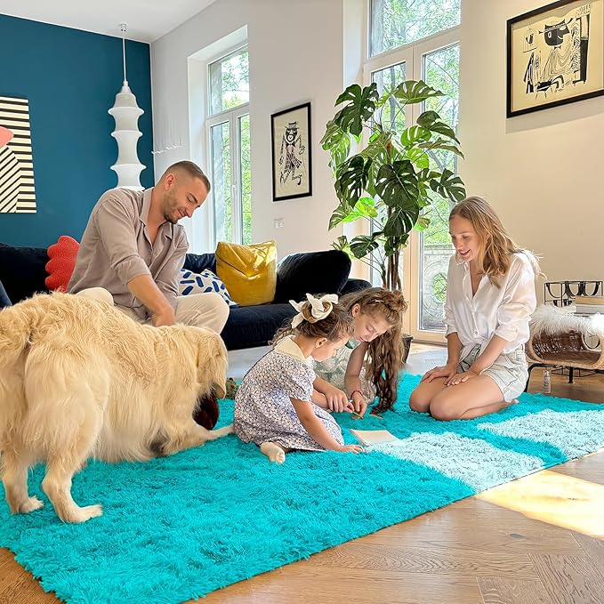 OLANLY 6x9 Machine Washable Large Area Rugs for Living Room, Bedroom, Soft Fluffy Shaggy Bedside Rug, Indoor Floor Carpet for Kids Girls and Boys, Dorms, Nursery, Home Decor Aesthetic, Teal Blue