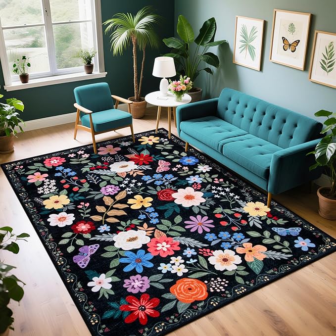 Area Rug Living Room Rugs: Floral 5x7 Washable Rug Vintage Soft Boho Non-Slip Carpet Indoor Floor Stain Resistant Large Carpets for Bedroom Dining Room Farmhouse Nursery Hallway Home Office Black