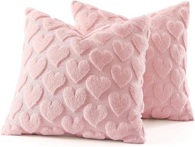 decorUhome Valentine’s Day Soft Plush Throw Pillow Covers 18x18 Inch Set of 2, Faux Fur Pink Heart Decoration Neutral Square Pillow Covers for Couch Sofa Bed Cozy Farmhouse Holiday Decor