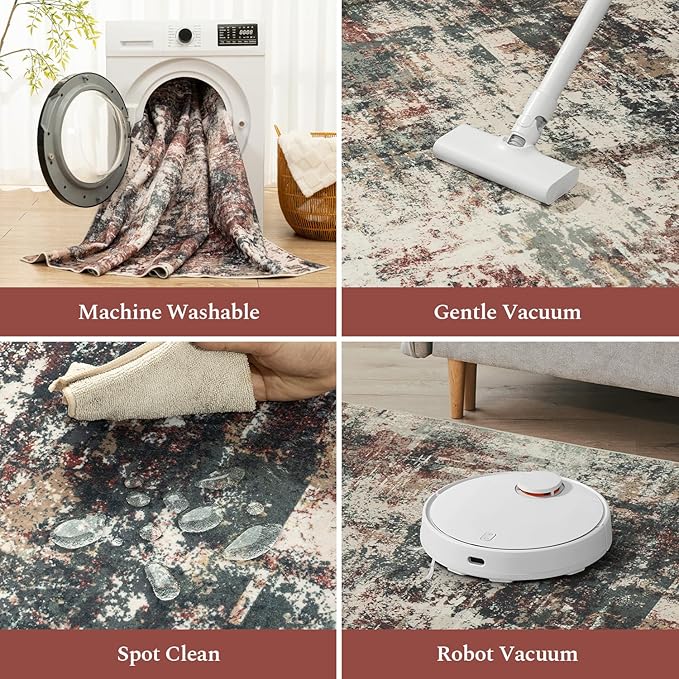 Rugflix 8x10 Area Rugs for Living Room, Washable Large Rug Stain-Resistant Low Pile, Modern Carpet for Dining Room Home Office Kid Room Nursery Bedroom, Rust