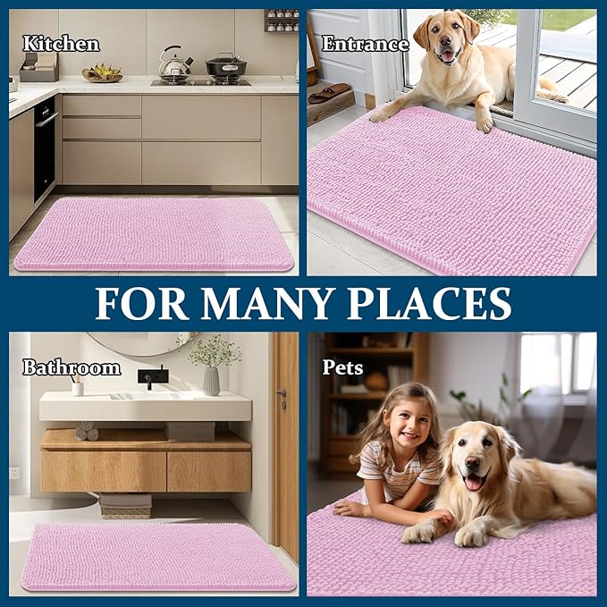 OLANLY Dog Door Mat for Muddy Paws 30x17, Absorbs Moisture and Dirt, Absorbent Non-Slip Washable Doormat, Quick Dry Chenille Mud Mat for Dogs, Entry Indoor Entryway Carpet for Inside Floor, Pink