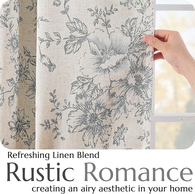 jinchan Blackout Floral Curtains for Living Room Bedroom Linen Blend Curtain Farmhouse Grey Printed with Lined Back Tab Rod Pocket Drapes Window Treatments 2 Panels 90 Inch Gray