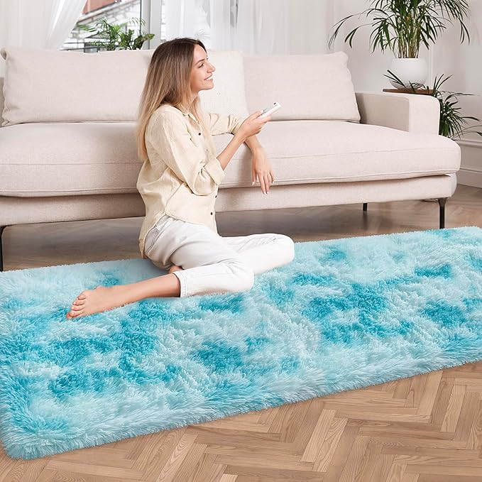 Tie-Dyed Sky Blue 2x6 Machine Washable Runner Rugs for Hallway Soft Fluffy Shaggy Bedside Rugs for Bedroom Living Room Indoor Floor Carpet for Kids Girls and Boys Nursery Rooms Home Decor Aesthetic