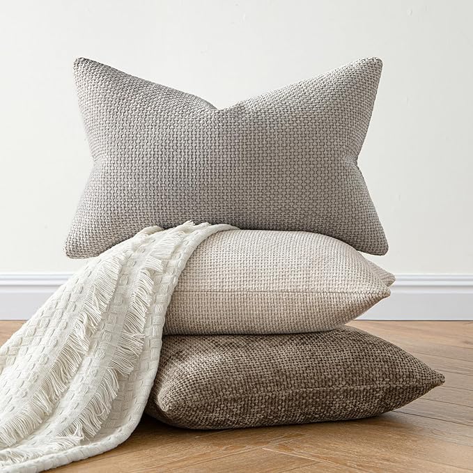MIULEE Pack of 2 Lumbar Couch Throw Pillow Covers 20x12 Inch Neutral Khaki Modern Boho Accent Decorative Pillow Covers Soft Chenille Farmhouse Cushion Covers for Home Decor Bed Sofa Living Room