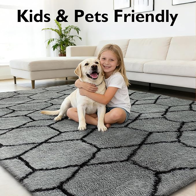 Shag Area Rug for Bedroom 5x8,Fluffy Area Rugs for Living Room,Geometric Soft Fuzzy Rug Non-Shedding Indoor Plush Carpet for Kids Bedroom Nursery Dorm Home Christmas,Grey and Black