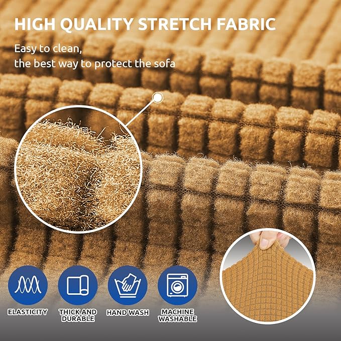 KEKUOU Stretch Loveseat Sofa Cover Slipcover,Couch Covers for 2 Cushion Couch Sofa (55"-78") Furniture Protector Sofa with Elastic Bottom for Kids,Dog. Jacquard Small Checked (Medium,Golden)