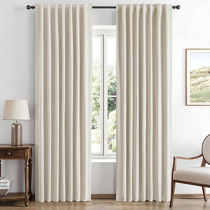 MIULEE 100% Blackout Linen Curtains for Bedroom, Linen Beige Solid Luxury Decor Thermal Insulation Room Darkening Drapes for Living Room Nursery Back Tab Rod Pocket 42 x 72 Inches, 2 Panels