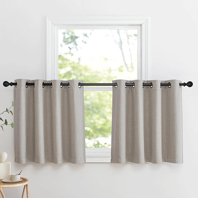 NICETOWN Linen Curtain Valances for Living Room 30 inch Length 2 Panels, Grommet Top Light Blocking Room Darkening Curtains Thermal Insulated Window Tiers for Barhtoom Window, Angora, W50 x L30