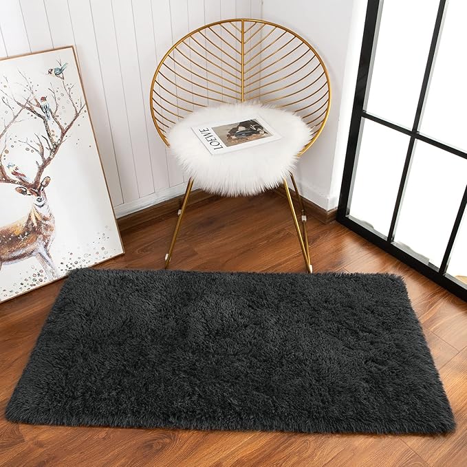 Chicrug Soft Runner Rug for Bedroom Living Room Plush Fluffy Rugs 2x4 Feet, Shag Furry Runner Rug Carpet Non Shedding for Nursery Children Kids Girls Room Home Decorative, Dark Grey