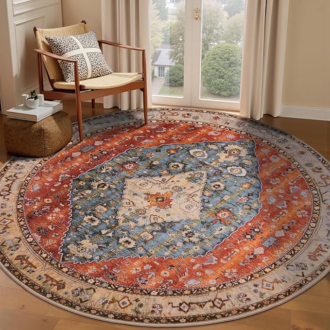 SERISSA Boho Round Area Rug, 5ft Washable Non-Slip Circle Rug, Ultra Soft Oriental Vintage Tribal Low-Pile Circular Carpet for Bedroom Entryway Kids Room Office College Dorm Living Room