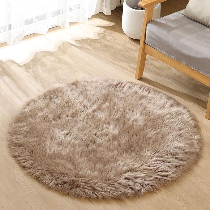 ORINOVA Beige 3ft Round Fluffy Shaggy Rug Washable Soft Area Rug for Living Room Bedroom Cute Room Decor Circle Nursery Rug Faux Fur Carpet
