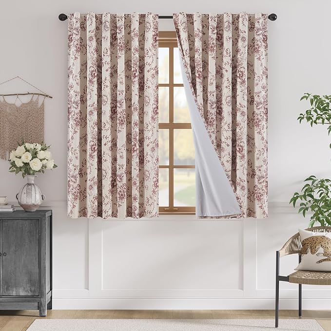 jinchan Blackout Floral Curtains for Living Room Bedroom Linen Blend Curtain Farmhouse Brick Red Printed with Lined Back Tab Rod Pocket Drapes Window Treatments 2 Panels 63 Inch