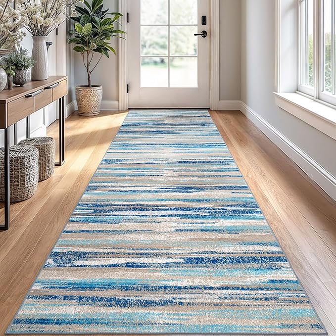 Lansny Modern Abstract Runner Rug 2.6x10, Blue Washable Long Kitchen Runner Non-Slip Soft Hallway Rug Runner Thin Print Faux Wool Carpet for Entryway Bedroom Laundry Room Indoor Home Decor