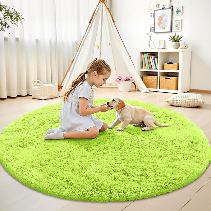OLANLY Lime Green Round Rugs for Bedroom - Machine Washable, 9 ft Circle Area Rugs for Living Room, Soft and Fluffy Shaggy Carpet for Teen Girl and Boys, Nursery Rooms, Dorms, Home Decor Aesthetic