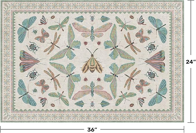 Hazo Haus Washable Boho Bathroom Rug 2x3, Small Throw Rugs for Kitchen, Powder Room, Front Door Indoor Entrance, Non Slip Low Pile Stain Resistant, Dusty Green Colorful Cool Insect Aethestic