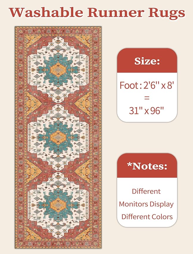 SERISSA Boho Washable Runner Rug, 2'6"x8' Non-Slip Vintage Orange Hallway Kitchen Runner Rug Ultra Soft Print Distressed Floor Carpet for Bedroom Bathroom Laundry Living Room