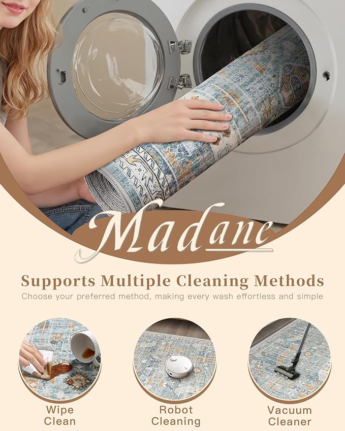 Madane Washable Runner Rug - 2x6 Rug Runners for Hallways 6 Feet Non Slip Vintage Kitchen Runner Rug Ultra-Thin Bathroom Runner Rugs Carpet Laundry Room Bedroom (2x6ft, Blue/Gold)