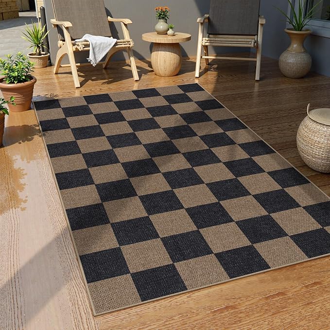 Lahome Colette Checkered Easy Jute 3x5 Rug, Washable Rugs for Living Room Entryway Farmhouse Non Slip Black Outdoor Carpet, Checkerboard Indoor Door Mat for Entry Patio Deck