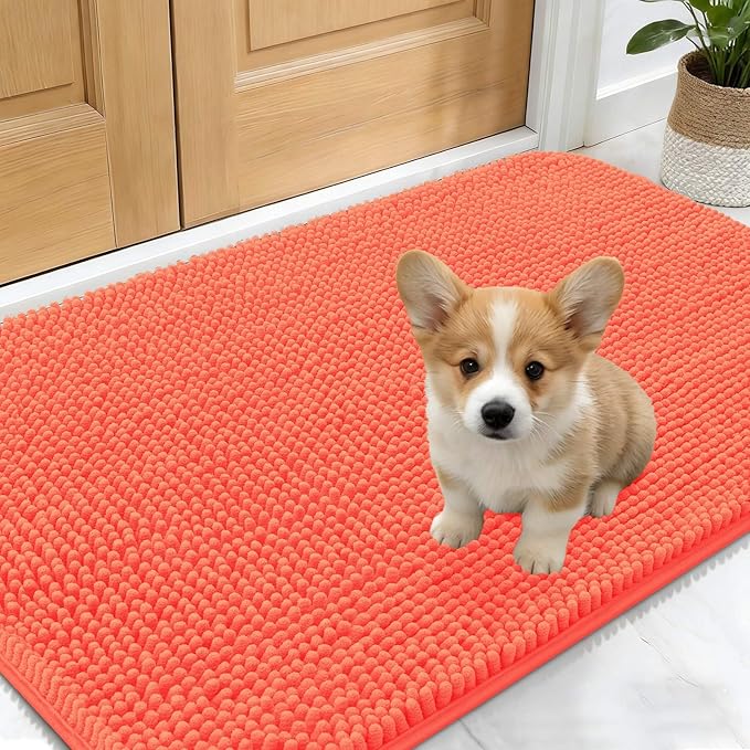 OLANLY Dog Door Mat for Muddy Paws 30x17, Absorbs Moisture and Dirt, Absorbent Non-Slip Washable Doormat, Quick Dry Chenille Mud Mat for Dogs, Entry Indoor Entryway Carpet for Inside Floor, Coral