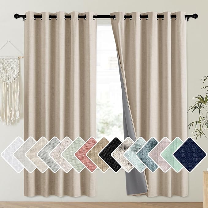 NICETOWN Cream 100% Blackout Linen Curtains 72 inch Long Burg for Playroom, 1 Pair, 62" Width Each Panel, Farmhouse Thick Completely Blackout Window Treatment Thermal Insulated Drapes