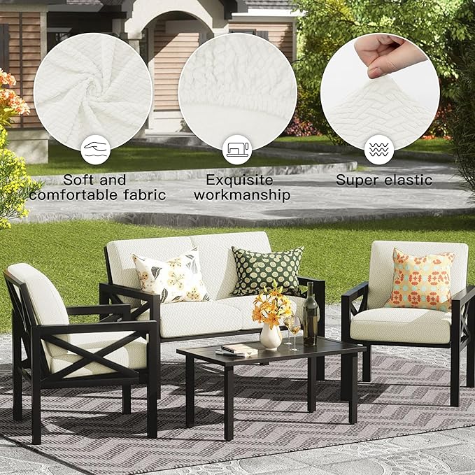 8Pcs Outdoor Cushion Covers,Patio Cushion Covers,Stretch Elastic Slipcovers,Replacement Washable Furniture Protector for Patio Couch,Jacquard Textured Twill Fabric(White,Cover Only)
