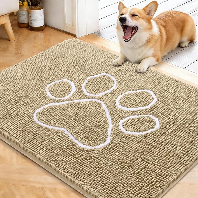 OLANLY Dog Door Mat for Muddy Paws 40x32, Paw Print Design, Absorbs Moisture and Dirt, Absorbent Non-Slip Washable Doormat, Quick Dry Chenille Mud Mat for Dogs, Entry Indoor Entryway Carpet, Beige