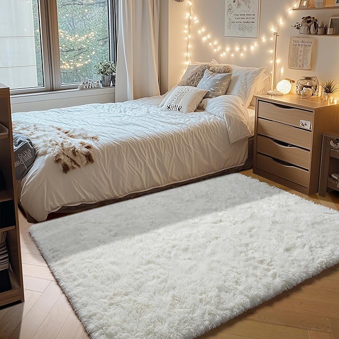 ONASAR Cream White Area Rugs for Bedroom Living Room, Fluffy 4x6 Indoor Bedside Floor Throw Rug, Soft Plush Shaggy Carpet for Nursery Kids Girls Boys Teen Dorm Home Office Decor Aesthetic