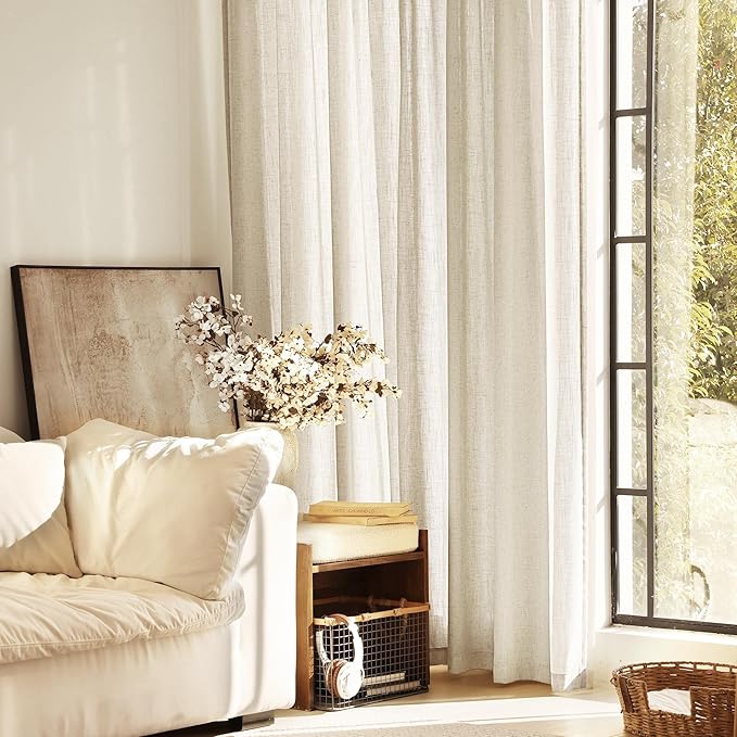 Faux Linen Beige Curtains 102 inches Long for Living Room Rustic Farmhouse Linen Drapes Semi Sheer Burlap Textured Canvas Cloth Curtain Panels Set of 2 Kahki Tan Colored