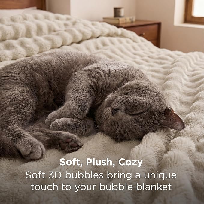 Bedsure 3D Fleece Bubble Blanket - GentleSoft Beige Queen Blanket for Bed Sofa Room Decor - Luxury Soft Cozy Gifts for Kids Girls, Lightweight, All Seasons, Beige, 90"×90"