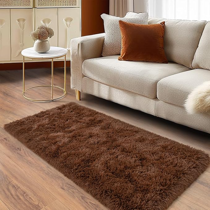 Soft Runner Rugs for Bedroom Hallways, 2x4 Brown Fluffy Shag Throw Area Rug Non Slip for Bedside Dorm, Long Shaggy Furry Carpet for Nursery Living Room
