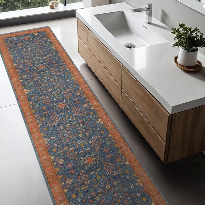 Hazo Haus Navy Blue Washable Hallway Runner Rug 2x10 Non Slip Rugs for Kitchen, Mudroom, Bathroom, Hall Way - 10 ft Long Dark Boho Geometric Decor, Fade & Stain Resistance