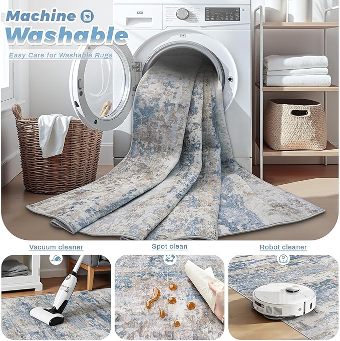 Area Rugs 8x10 for Living Room: Washable Rug Modern Abstract Neutral Soft Non-Slip Low-Pile Indoor Large Carpet for Bedroom Dining Room Playroom Home Office (Light Blue Brown, 8'x10')