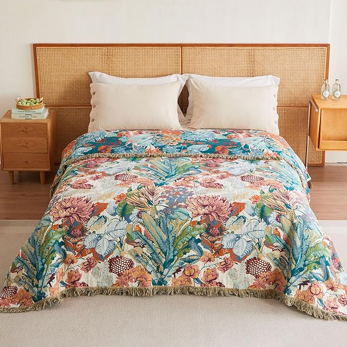 MSGKV Boho Throw Blanket for Bed Couch 100% Cotton Blanket 60"x80" Spring Breathable Farmhouse Lightweight Muslin Blankets Home Decor