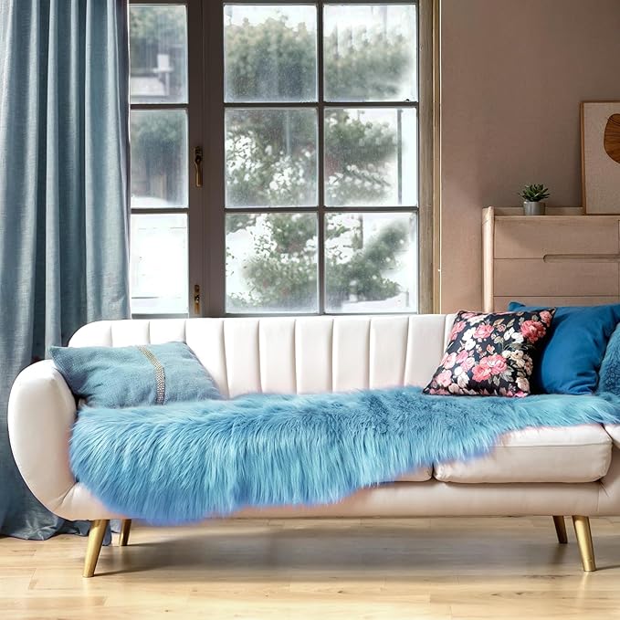 Ciicool Ultra Soft Faux Sheepskin Fur Rug Fluffy Rug for Bedroom Fuzzy Carpet for Living Room Kid's Room Nursery Decor, Sky Blue 2 x 6 Feet