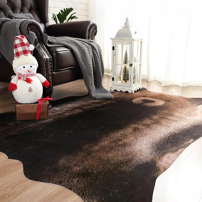 AROGAN Premium Bear Print Rug 5.2x6.2 Feet, Machine Washable Faux Fur Rug, Non-Slip Animal Print Hide Bear Skin Area Rug for Bedroom Living Room Home Decor