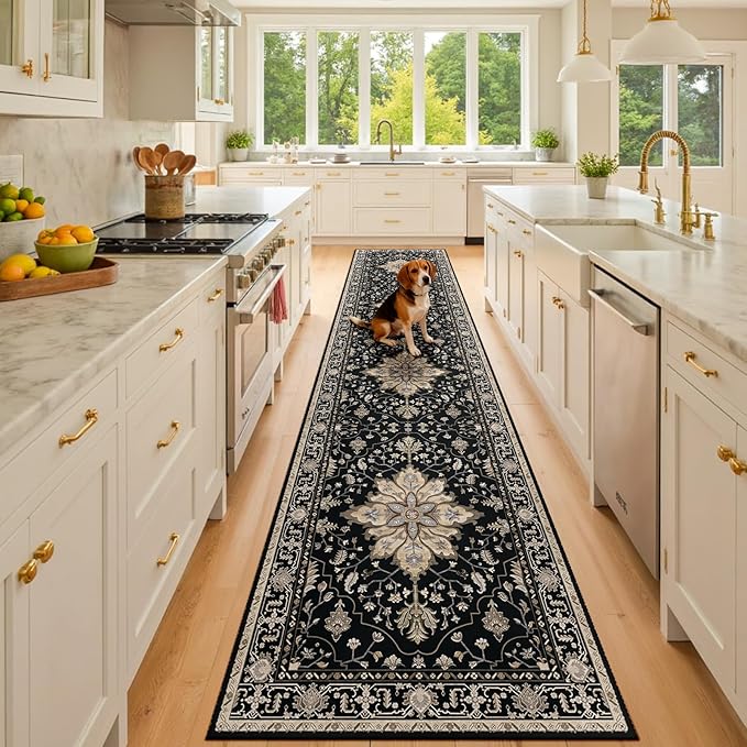 Area Rugs 3'x10' Runner Rug Non Slip Washable for Kitchen Hallway Bedroom Beside Laundry Room Bathroom Rug, Floor Carpet, Black Brown Neutral Dark Tan